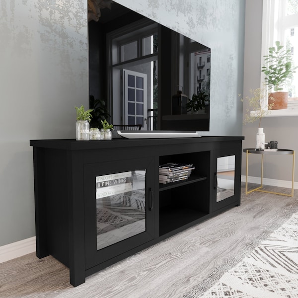 Flash Furniture Sheffield Classic TV Stand for up to 80in. TVs - Modern Black Finish w/Full Glass Doors - 3 Shelves GC-MBLK65-BLK-GG - main